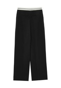 Schwarze weit geschnittene Hosen aus einem glatten Material, mit einem weißen Bund, der eine dezente Linienstruktur aufweist, sowie zwei Gesäßtaschen.
