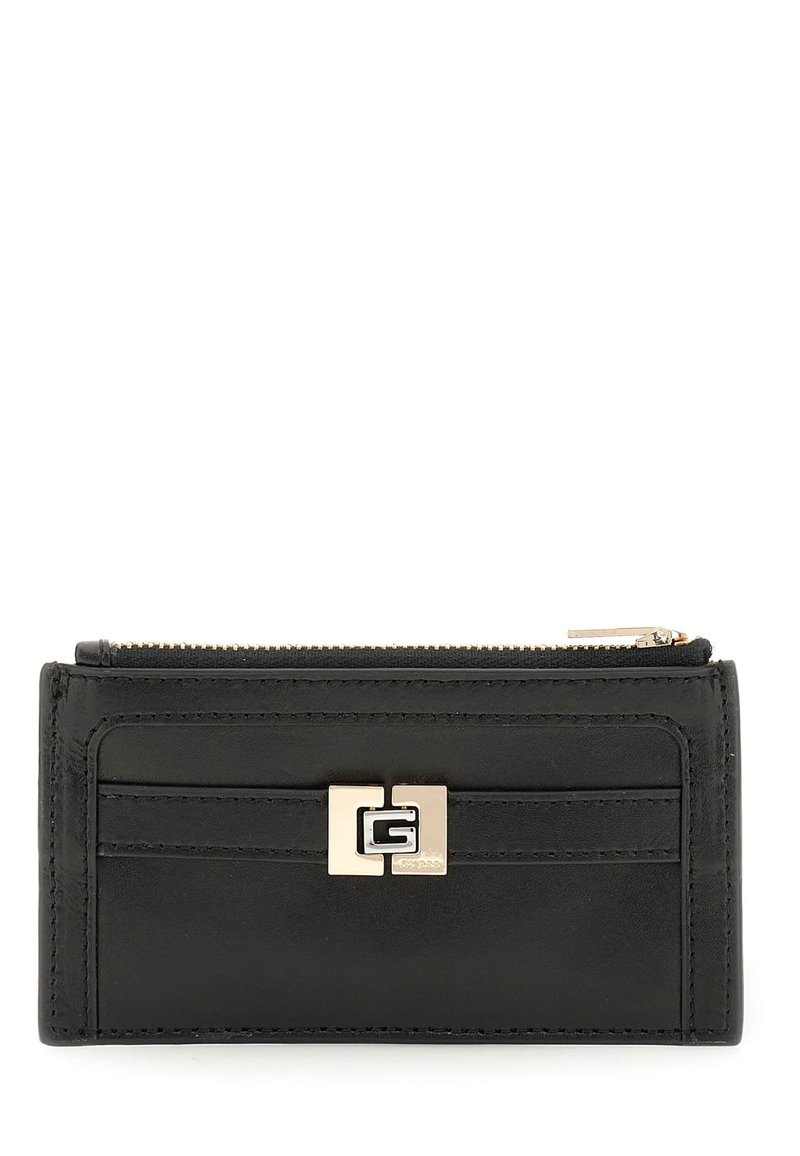 Portefeuille en cuir noir avec une fermeture éclair, comportant un accent en métal doré et plusieurs compartiments pour cartes à l'avant.
