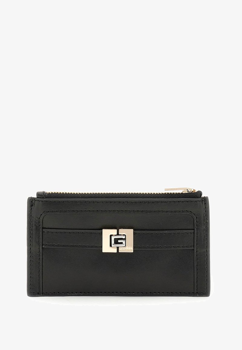 Portefeuille en cuir noir avec une fermeture éclair, comportant un accent en métal doré et plusieurs compartiments pour cartes à l'avant.
