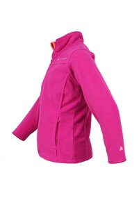 Giacca in pile di un vivace colore rosa con colletto alto, zip frontale completa e dettagli arancioni. Presenta due tasche laterali e polsini elastici.