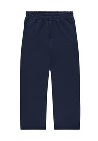 Donkerblauwe sweatpants van zachte stof, met een elastische tailleband, twee zijzakken en een recht model. Geen zichtbare patronen.