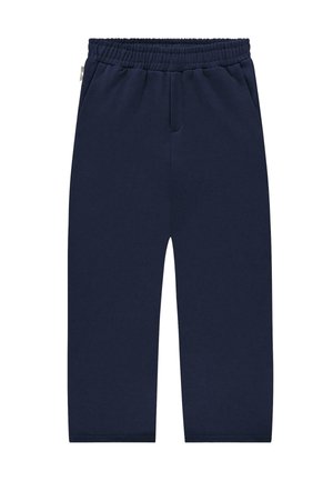 Marineblaue Jogginghosen aus weichem Material, mit einem elastischen Bund, zwei Seitentaschen und einem geraden Bein. Keine sichtbaren Muster.