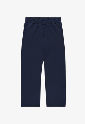 Tummansiniset collegehousut, jotka on valmistettu pehmeästä kankaasta. Housuissa on elastinen vyötärö, kaksi sivutaskua ja suora lahje. Ei näkyviä kuvioita.