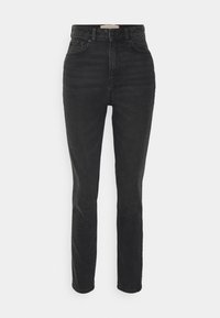 Jeans negros de talle alto con un corte ajustado, hechos de denim. Incluyen un cierre con botón, trabillas para cinturón y un ligero desvanecimiento en la tela.