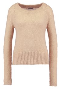 Jasnobeżowy, dziany sweter z długimi rękawami, ściągaczem u dołu i okrągłym dekoltem. Miękka tekstura z lekko luźnym krojem.