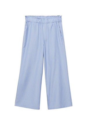 Pantalon large à rayures verticales bleu clair et blanc, taille élastique et poches latérales.