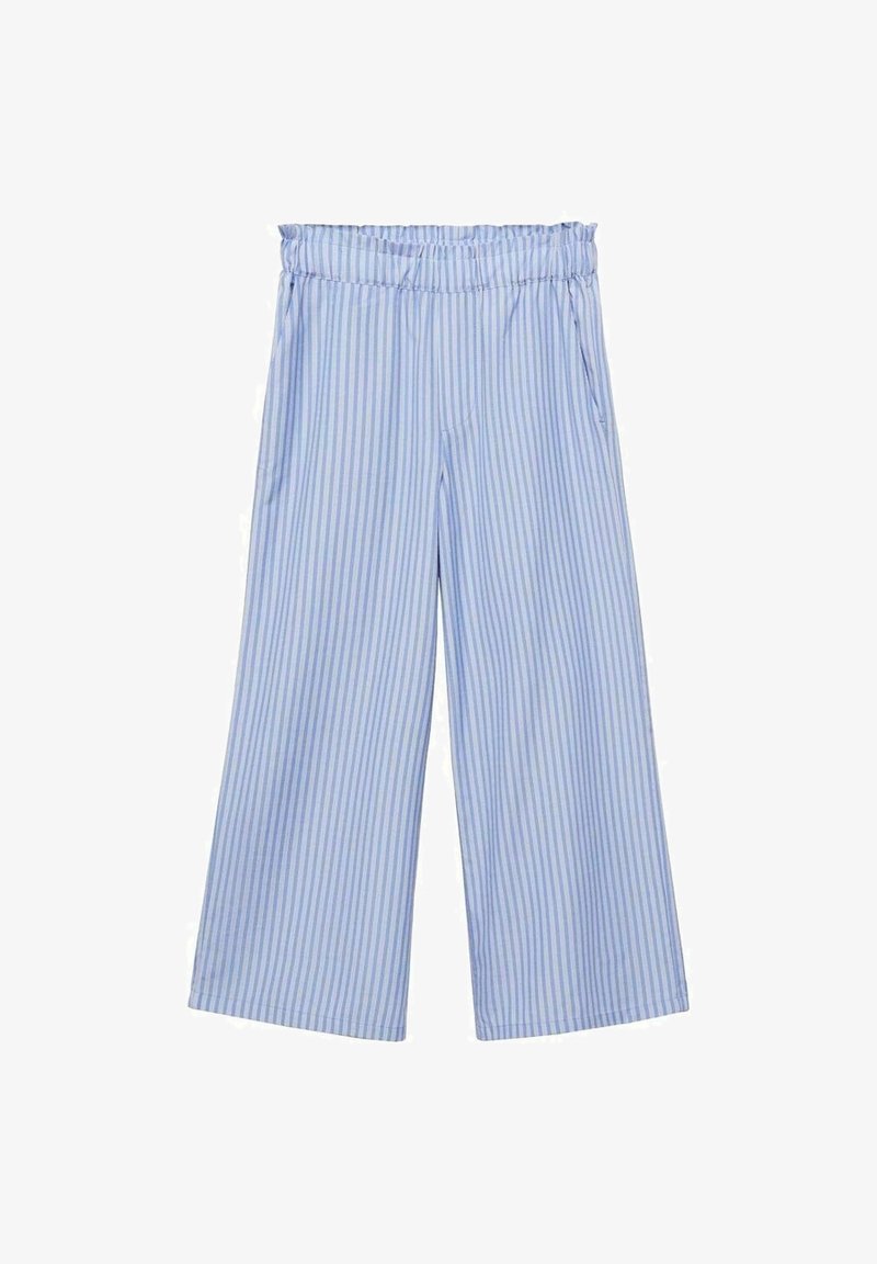 Pantalon large à rayures verticales bleu clair et blanc, taille élastique et poches latérales.