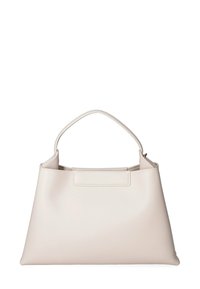 Beige handtas gemaakt van glad synthetisch materiaal, met een gestructureerde vorm, een bovenhandgreep en een minimalistisch ontwerp zonder zichtbare hardware.