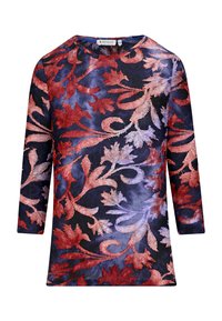 Langärmliges Oberteil aus dunkelblauem Stoff mit gestickten roten und lila Blättermustern. Runder Ausschnitt, gerade Schnittform und strukturierte Oberfläche.