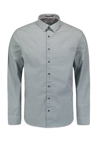 Overhemd met knopen in een geruit patroon met grijze, witte en rode kleuren. Gemaakt van stof met een gladde textuur, lange mouwen en een kraag.