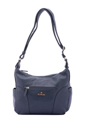 Borsa a spalla in pelle blu scuro con finitura testurizzata, dotata di tasca con zip dorata e spallacci regolabili. Compatta, con doppie tasche laterali.