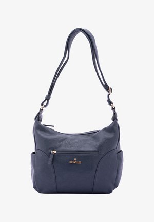 Dark blue leather shoulder bag with a textured finish, featuring a gold-tone zipper pocket and adjustable straps. Compact, with dual side pockets.