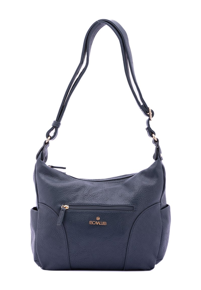 Donkerblauwe leren schoudertas met een textuurafwerking, voorzien van een ritszak in goudkleur en verstelbare schouderbanden. Compac, met dubbele zijzakken.