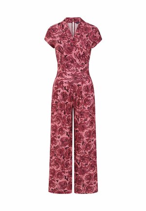 Mono rosa con mangas cortas, pantalones de pierna ancha, escote en V y estampado floral en tonos de rosa oscuro.