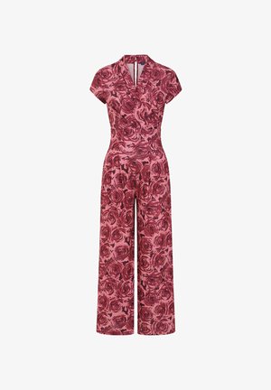 Roze jumpsuit met korte mouwen, wijd uitlopende pijpen, V-hals en donkerroze bloemenpatroon.
