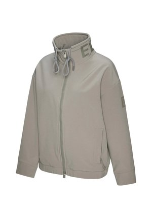 Hellgraue Zip-up-Jacke mit hohem Kragen, Kordelzügen und Seitentaschen, mit dezenten aufgedruckten Buchstaben am Kragen und an den Ärmeln.