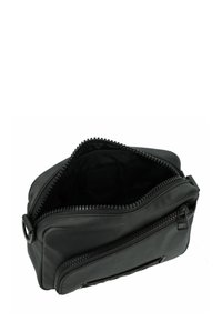 Borsa sintetica nera con chiusura a zip, dotata di un compartimento interno e una tasca laterale con zip. Texture liscia e forma arrotondata.