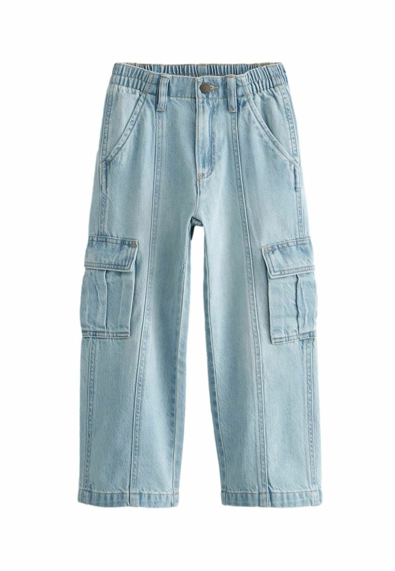 Pantaloni cargo bleu chiaro con vita elastica, due tasche laterali e due grandi tasche cargo. Realizzati in denim con dettagli di cucitura visibili.