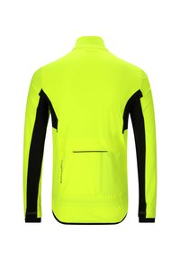 Korkean näkyvyyden keltainen takki mustilla hihoilla, vetoketjullinen takatasku ja heijastavat yksityiskohdat, valmistettu kevyestä, kosteutta siirtävästä materiaalista.