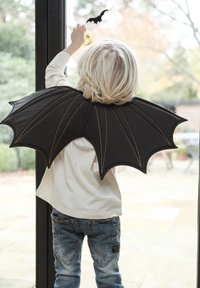 Aripi negre în formă de liliac cu cusături galbene, purtate pe umeri, atașate unei cămăși albe cu mâneci lungi și blugi albastre ai unui copil.