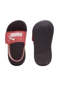 Rode en zwarte slipper met een brede band met een witte Puma-logo. Textuur van zwart rubberen zool voor grip.