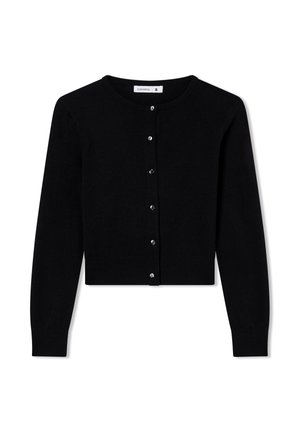 Czarny kardigan z miękkiego materiału, z okrągłym dekoltem, długimi rękawami i zapięciem na guziki w srebrnym odcieniu. Krótki krój.