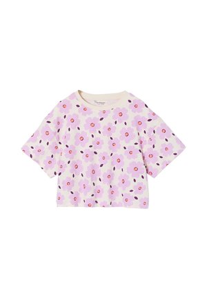 White short-sleeve crop top with all-over light purple and pink flower pattern and small dark purple leaves.