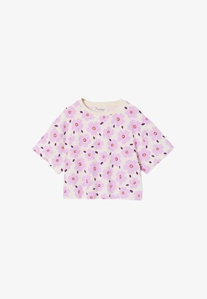 White short-sleeve crop top with all-over light purple and pink flower pattern and small dark purple leaves.