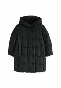 Cabană puf neagră cu glugă, având un design matlasat, două buzunare frontale și o textură moale. Potrivită pentru vreme rece.