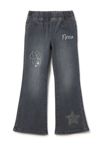 Jeans de mezclilla de campana en gris oscuro con una cintura elástica, que presentan un bordado de Minnie Mouse en una pierna y un detalle de estrella con tachuelas en la otra.