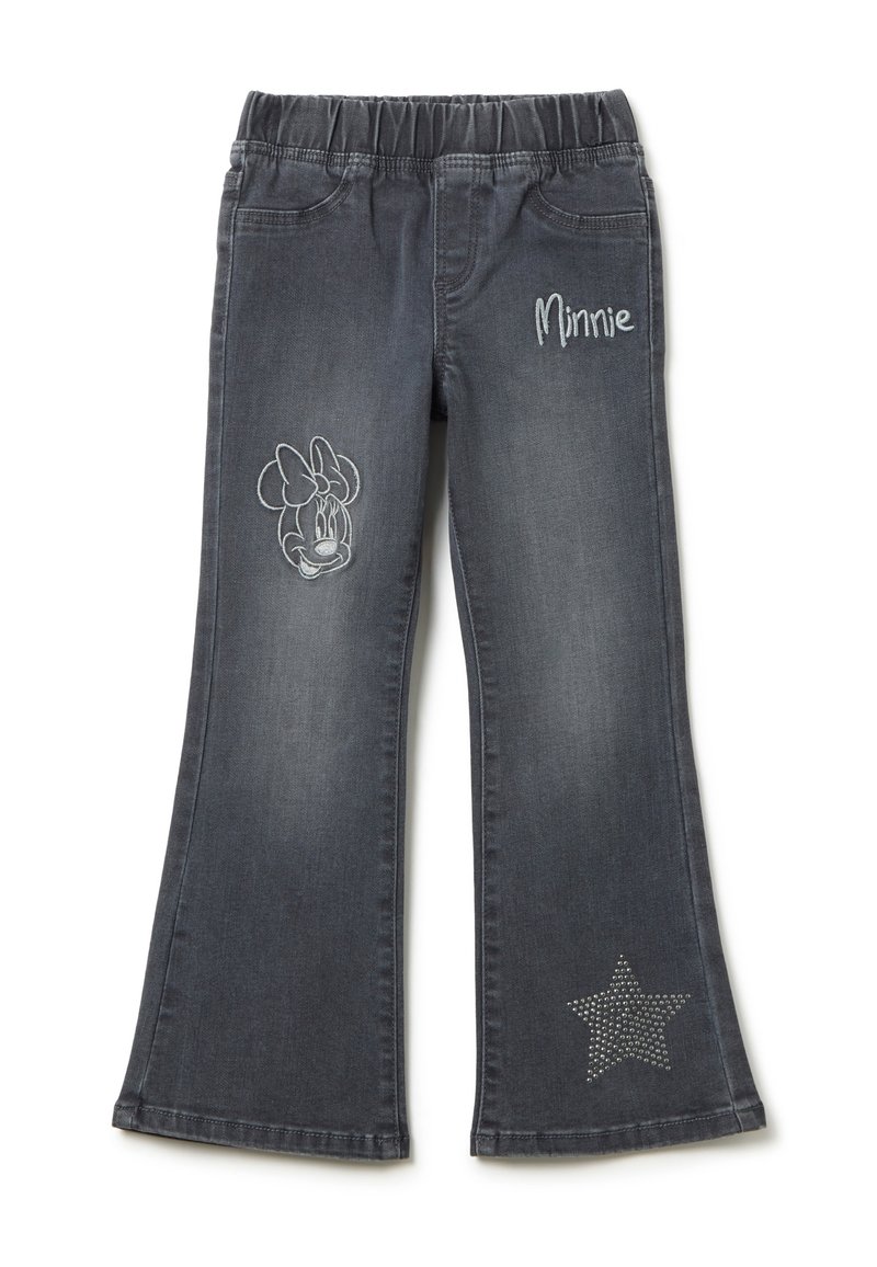 Jeans de mezclilla de campana en gris oscuro con una cintura elástica, que presentan un bordado de Minnie Mouse en una pierna y un detalle de estrella con tachuelas en la otra.