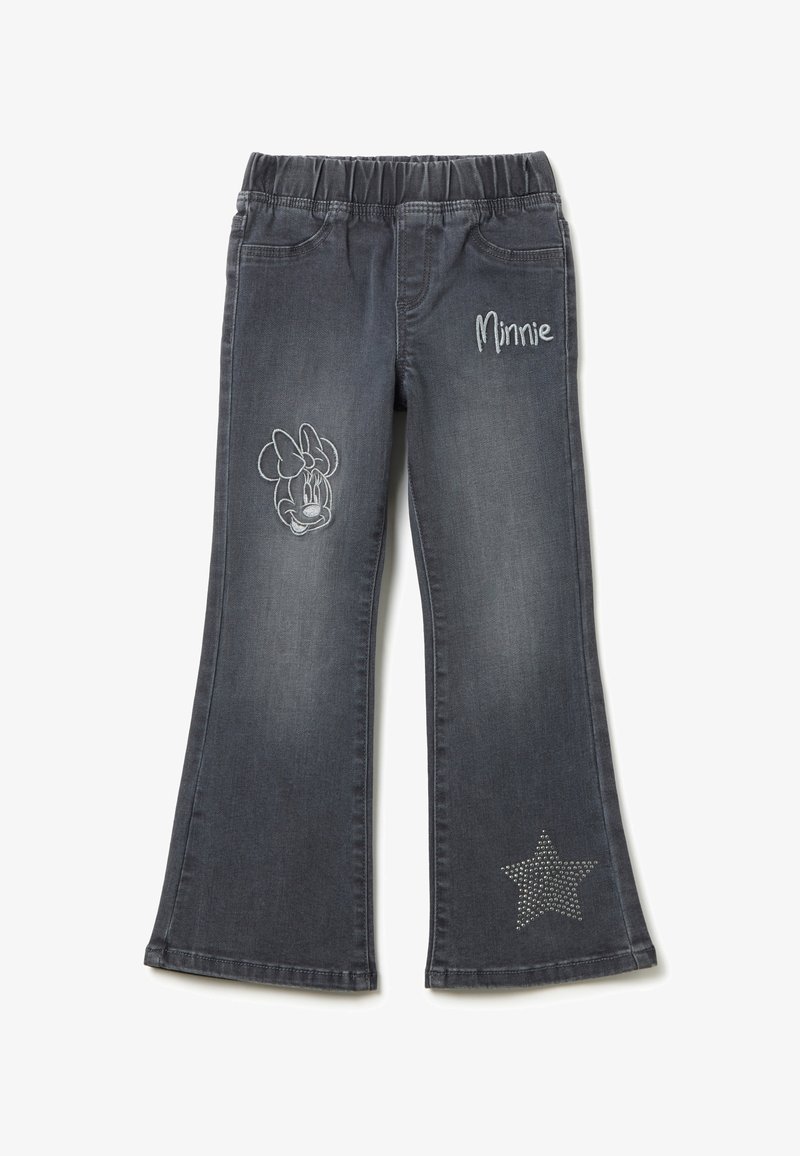 Jeans de mezclilla de campana en gris oscuro con una cintura elástica, que presentan un bordado de Minnie Mouse en una pierna y un detalle de estrella con tachuelas en la otra.