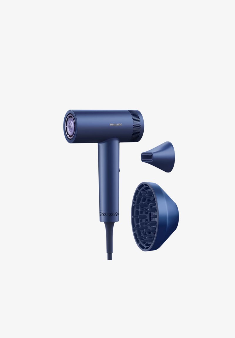 Sèche-cheveux Philips bleu au design épuré, avec un embout rond et un accessoire diffuseur. Construction en plastique avec une finition mate.
