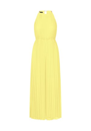 Robe maxi plissée jaune avec un col halter, une taille élastique et un détail dos en trou de serrure. Tissu léger avec une texture fluide.