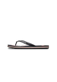 Black flip-flop with a textured strap, white and red patterned footbed, and contrasting black sole. Features brand logo on the strap.