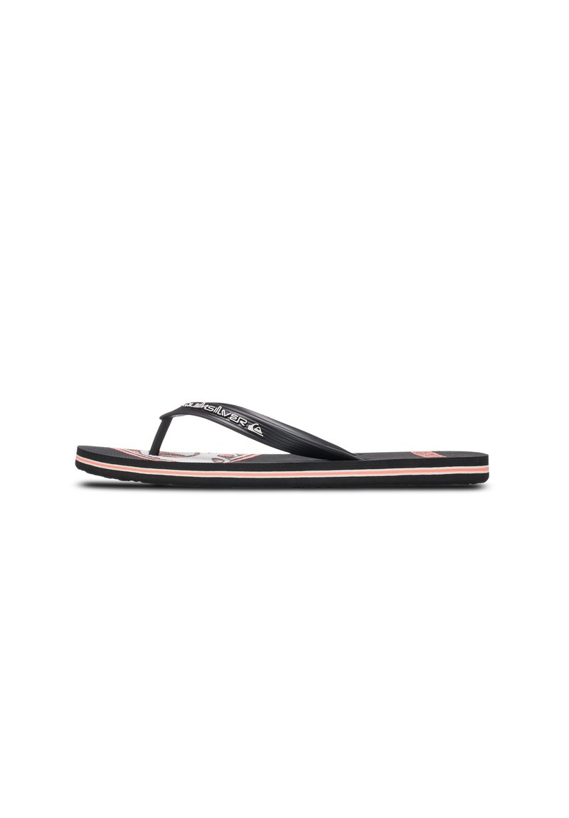 Black flip-flop with a textured strap, white and red patterned footbed, and contrasting black sole. Features brand logo on the strap.