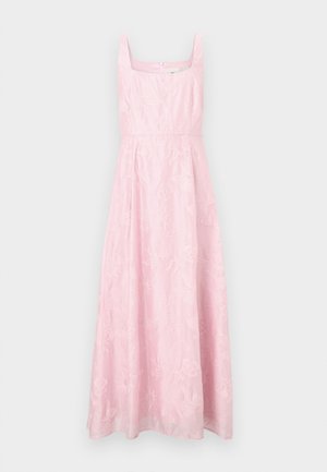 Růžové šaty bez rukávů se čtvercovým výstřihem, zdobené květinovou výšivkou a splývavým áčkovým střihem. Skrytý zip na zádech.