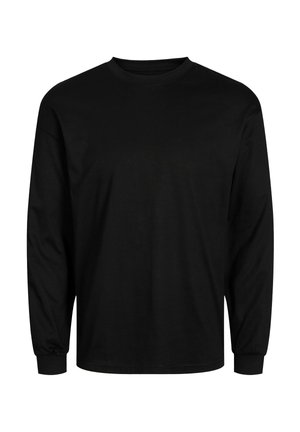 Camiseta negra de manga larga de algodón, con cuello redondo, dobladillo recto y puños ajustados. Textura lisa sin estampados ni gráficos.