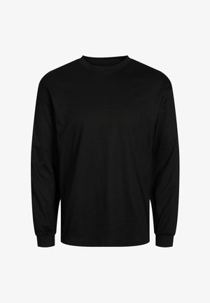 Black long-sleeve t-shirt made of cotton, featuring a crew neck, straight hem, and fitted cuffs. Smooth texture with no patterns or graphics.