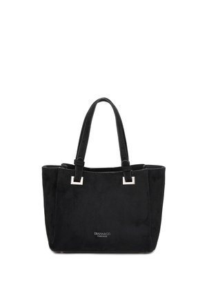 Zwarte suède totebag met twee hengsels, zilverkleurige rechthoekige hardware en klein logo "DIANA&CO FIRENZE" middenvoor.