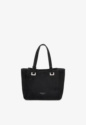 Zwarte suède totebag met twee hengsels, zilverkleurige rechthoekige hardware en klein logo "DIANA&CO FIRENZE" middenvoor.