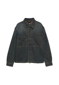 Donkere blauwe denimjack, met een puntige kraag, drukknopen aan de voorkant en twee grote borstzakken. Losse pasvorm met opvallende stikseldetails.
