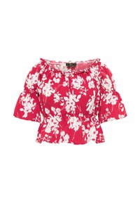 Rød floral bluse med hvide blomstermønstre, off-the-shoulder design, korte pufærmer, elastisk talje og flæse ved halsudskæringen.
