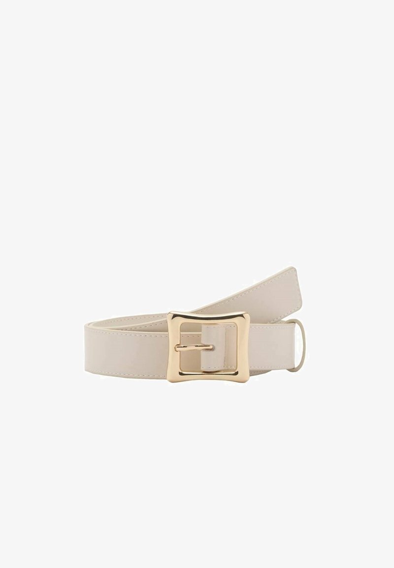 Beige faux leather belt with a wide design, featuring a square gold-tone metal buckle and a loop for securing the end.