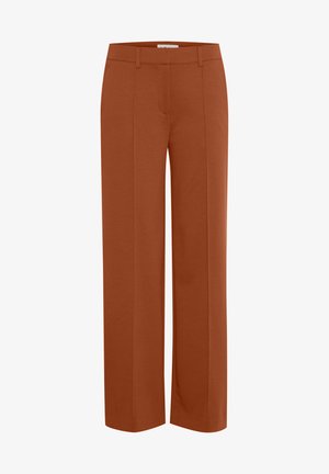 Brune brede bukser i et glat, blødt stof med et skræddersyet look, der har frontfolder og et rent taljebånd design.