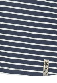 Navy blue T-shirt with white horizontal stripes. Features a soft fabric, a straight hem, and a branded label stitched at the bottom left.