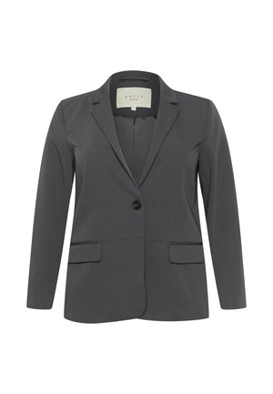 Blazer gris oscuro con cierre de un solo botón, solapas con muesca y dos bolsillos frontales. Fabricado con tejido suave y un corte entallado.