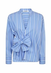 Blue striped blouse with a V-neck, featuring a large bow detail on the side, long sleeves, and a soft cotton texture.