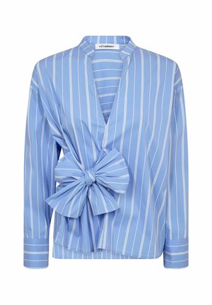 Blue striped blouse with a V-neck, featuring a large bow detail on the side, long sleeves, and a soft cotton texture.