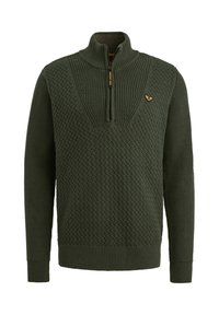 Grüner Strickpullover mit hohem Kragen und halbem Reißverschluss. Verfügt über strukturierte Muster sowie gerippte Bündchen und Saum. Goldenes Logo-Detail.